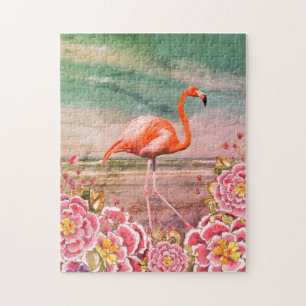 Quebra-cabeça Tropical Flamingo on Beach com Colagem de Flores R