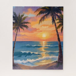 Quebra-cabeça Tropical Ocean Sunset Palm Tree Watercolor