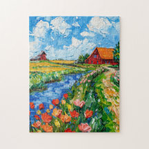 Tulip Fields with Barn and Stream Fantasy Painting