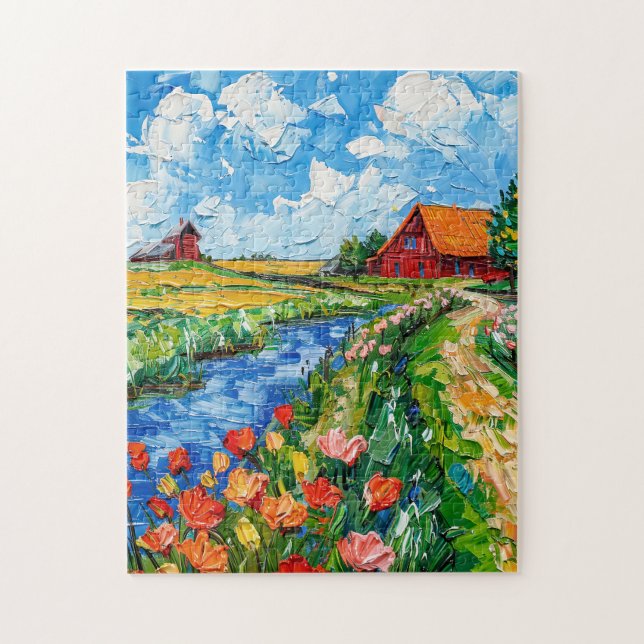 Quebra-cabeça Tulip Fields with Barn and Stream Fantasy Painting (Vertical)