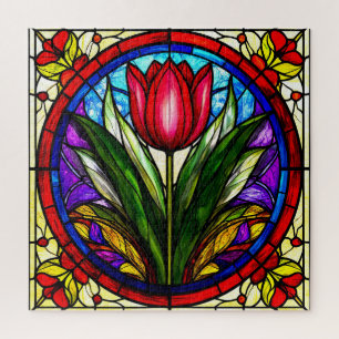 Quebra-cabeça Tulipa Vermelha e Motivos Florais Coloridos