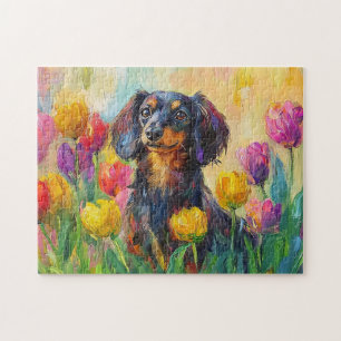 Quebra-cabeça Tulipas Coloridas Bonitas Dachshund