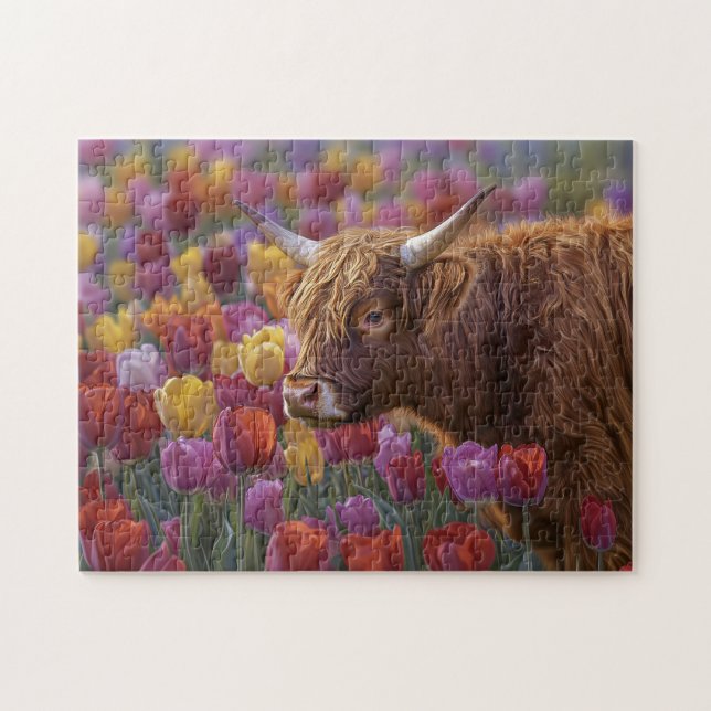 Quebra-cabeça Tulipas de Primavera de Vaca Highland (Horizontal)