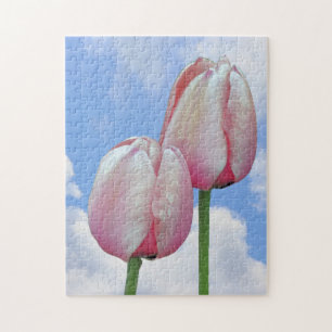 Quebra-cabeça Tulipas Rosa Céu Azul E Nuvens Brancas