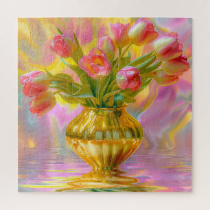 Quebra-cabeça Tulipas Rosa Vibrantes em Vase Ouro