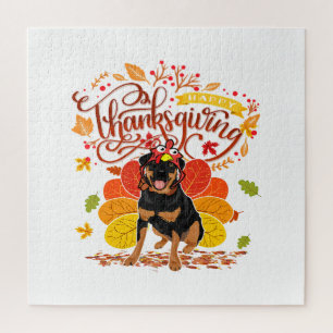 Quebra-cabeça Turkey Thanksgiving Fall Funny Rottweiler Dog Owne