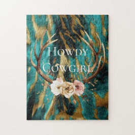 Quebra-cabeça Turquesa Marrom Dourado Cowhide Deer Antlers Flora