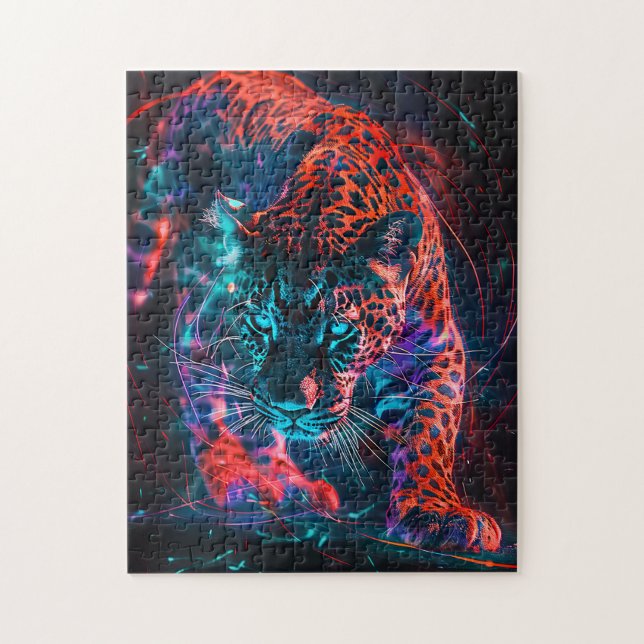 Quebra-cabeça Turquesa Vermelha Roxa Luz Neon Jaguar (Vertical)