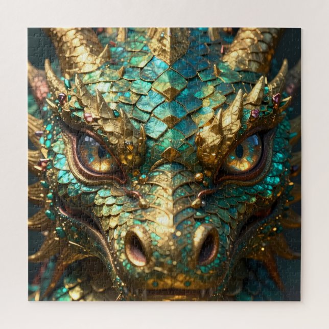 Quebra-cabeça Turquoise and Gold Dragon Face (Vertical)