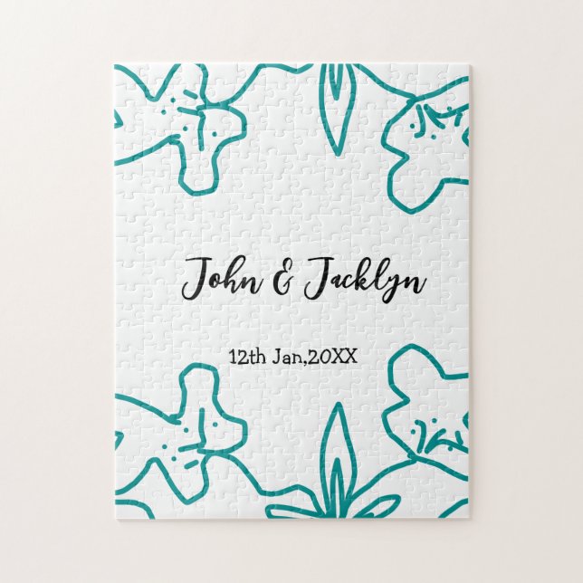 Quebra-cabeça Turquoise blue wedding couple name date flstylish  (Vertical)