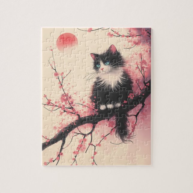 Quebra-cabeça Tuxedo Cat sobre estética japonesa do florete de c (Vertical)