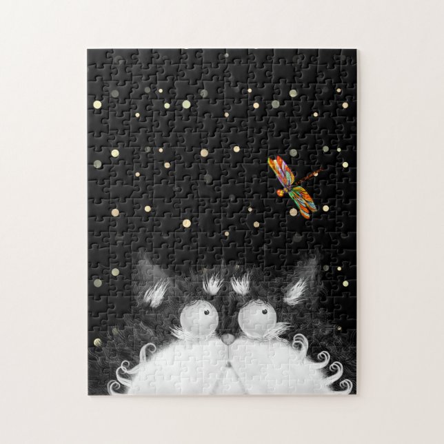 Quebra-cabeça Tuxedo Cat Surpreendido por Dragonfly (Vertical)