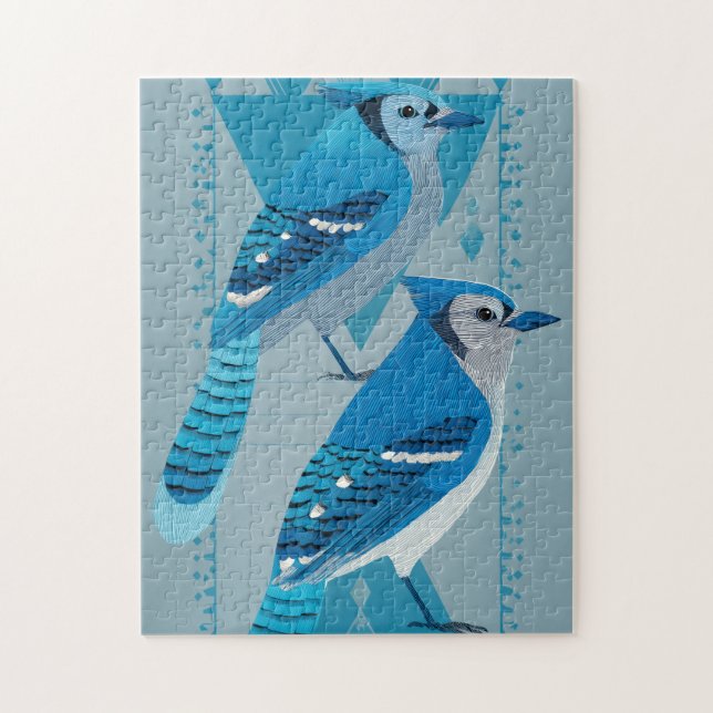 Quebra-cabeça Two blue jays with geometric background (Vertical)