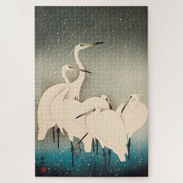 Quebra-cabeça Ukiyoe - Egrets na neve (Vertical)