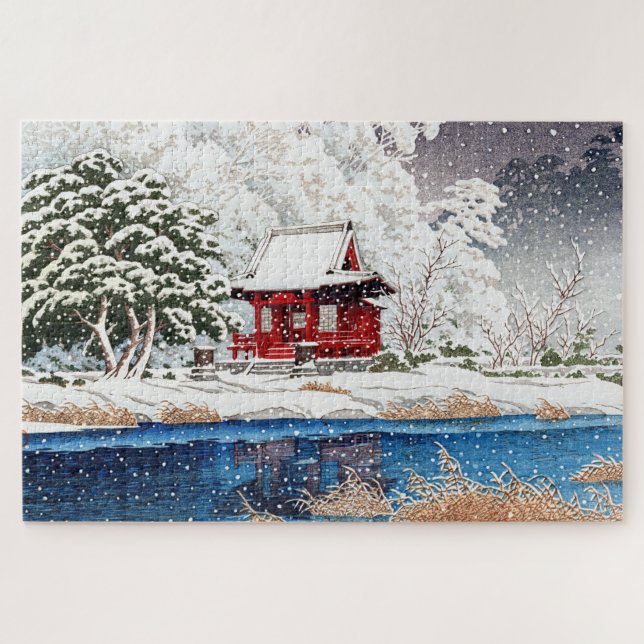 Quebra-cabeça ukiyoe - hasui - m06 - Neve em Shrine Entrance -  (Horizontal)