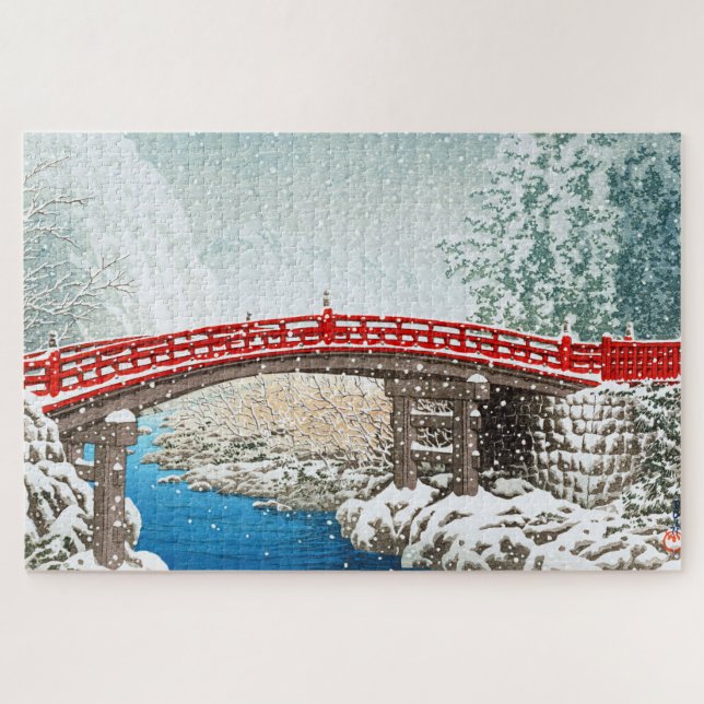 Quebra-cabeça ukiyoe - hasui - m12 - Neve na Ponte Shinkyo, ... (Horizontal)