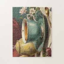 Um chá e bule cercado por flores