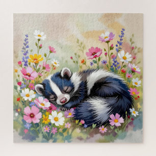 Quebra-cabeça Um Gambá Adorável Dormindo entre Flores