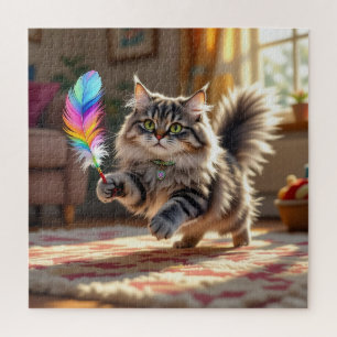 Quebra-cabeça Um gato fofo bonito perseguindo uma pena