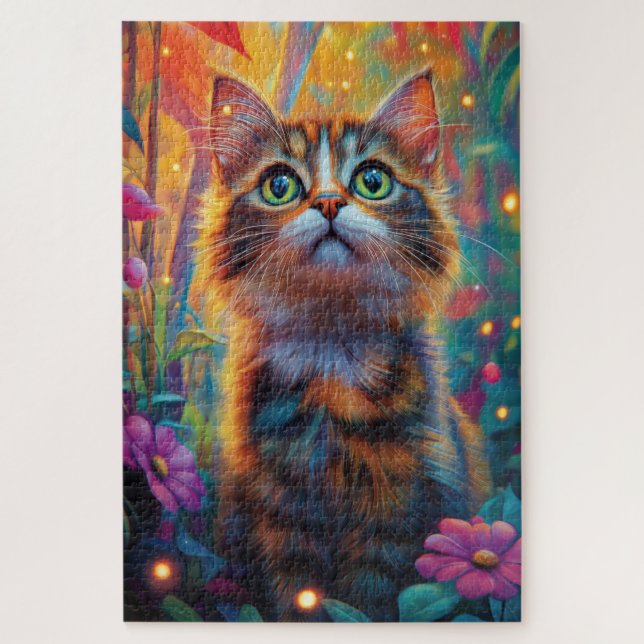Quebra-cabeça Um gato fofo em uma floresta mística (Vertical)