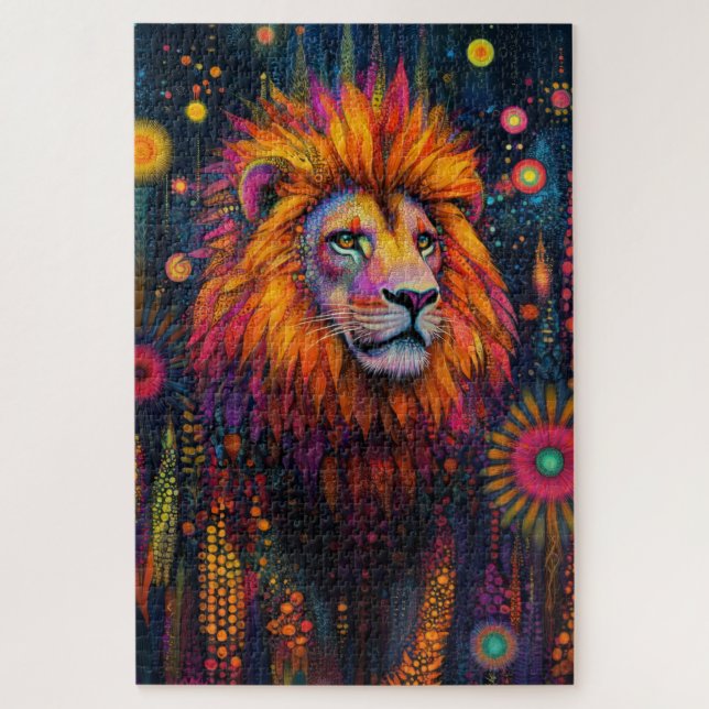 Quebra-cabeça Um leão caminhando através de uma selva psicodélic (Vertical)