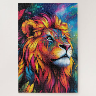 Quebra-cabeça Um leão majestoso com uma juba de neon brilhante