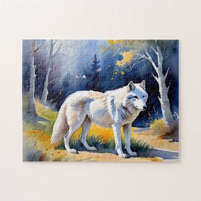 Quebra-cabeça Um lobo numa pintura de aquarela florestal (Horizontal)
