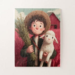 Quebra-cabeça Um menino de fazenda com seu amigo ovelha ao seu l