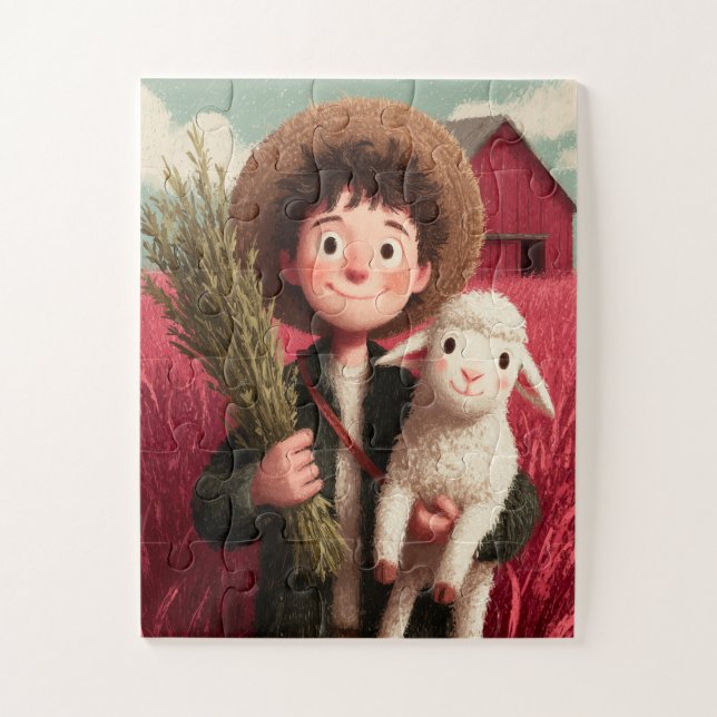 Quebra-cabeça Um menino de fazenda com seu amigo ovelha ao seu l (Vertical)
