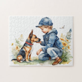 Quebra-cabeça Um menino e seu filhote de Shepard alemão