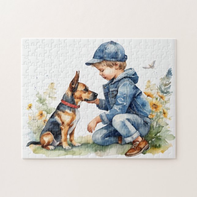 Quebra-cabeça Um menino e seu filhote de Shepard alemão (Horizontal)