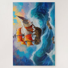 Um navio pirata numa onda de água