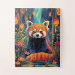 Quebra-cabeça Um panda vermelho sentado numa floresta encantada