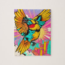 Um pássaro vibrante voando alto