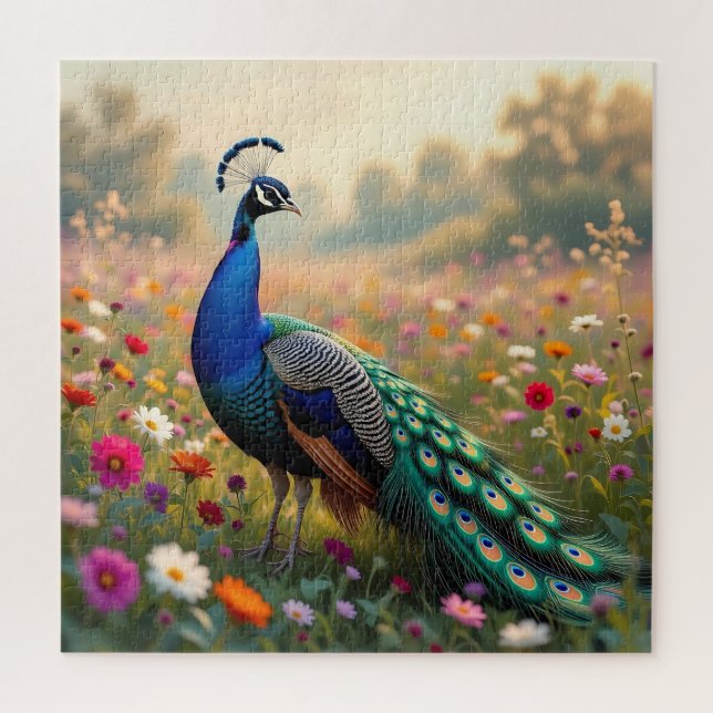Quebra-cabeça Um Pavão Colorido e Flores  (Vertical)