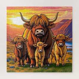 Quebra-cabeça Uma adorável família de vacas da Highland.
