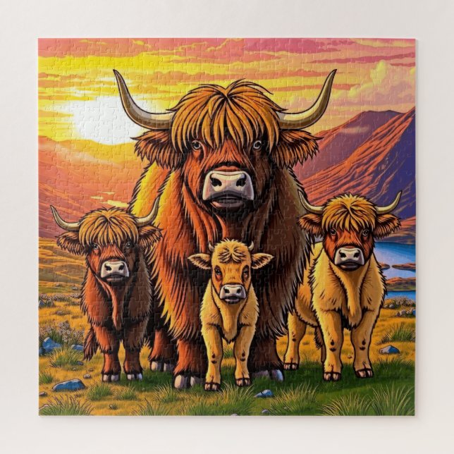 Quebra-cabeça Uma adorável família de vacas da Highland. (Vertical)
