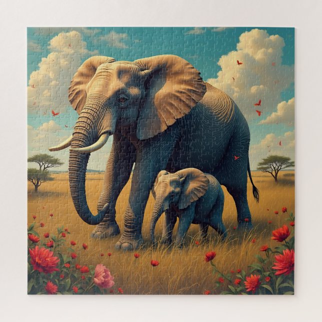 Quebra-cabeça Uma doce mãe sentimental e elefante bebê (Vertical)