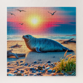 Quebra-cabeça Uma foca caindo em uma praia arenosa