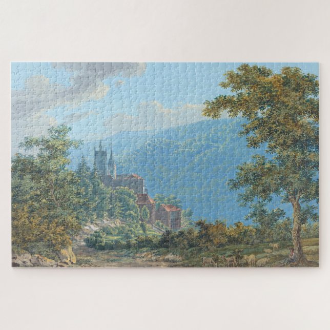 Quebra-cabeça Uma fortaleza numa paisagem de montanha no nascer  (Horizontal)