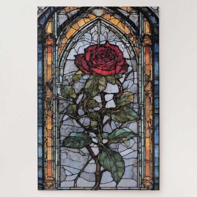 Quebra-cabeça Uma janela de vidro manchado com Rosa vermelha esc (Vertical)