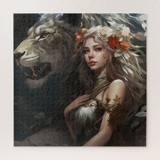 Quebra-cabeça Uma linda mulher com seu leão branco (Vertical)