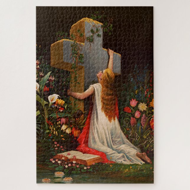 Quebra-cabeça Uma mulher com uma cruz está rezando (Vertical)