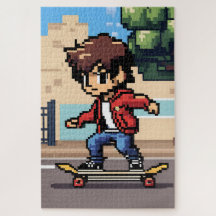 Un jeune faisant du skateboard en pixel art