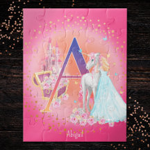 Unicorn and Princess with Castle Letter A Monogram