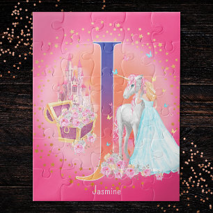 Quebra-cabeça Unicorn e Princesa com a Letra Castelo J Monograma