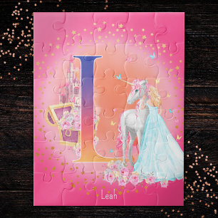 Quebra-cabeça Unicorn e Princesa com Letra Castelo L Monograma