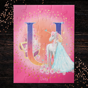 Quebra-cabeça Unicórn e Princesa com Letra Castelo U Monograma