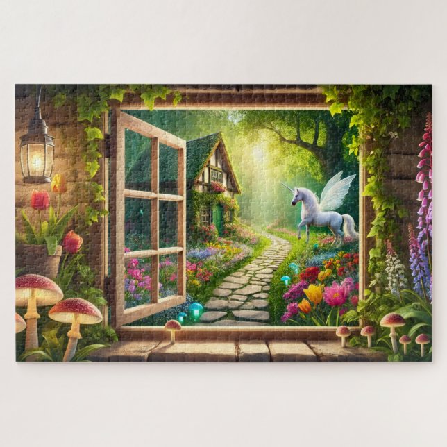 Quebra-cabeça Unicorn Garden Window Scene Pegasus Gift (Horizontal)