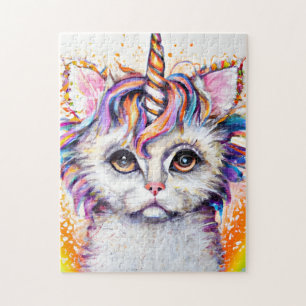 Quebra-cabeça Unicorn Kitten Rainbow Watercolor